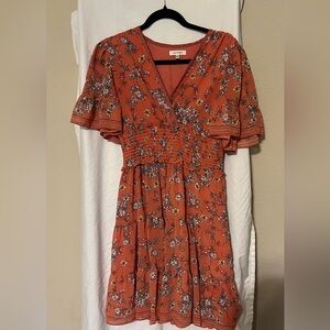 Max Studio Rust Floral Smocked-Waist Midi Dress